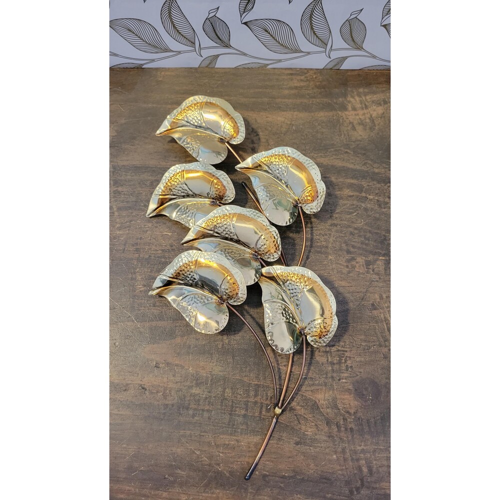 Mid Century Brutalist Brass Copper Leaf Wall Hanging Metal Botanical Plaque